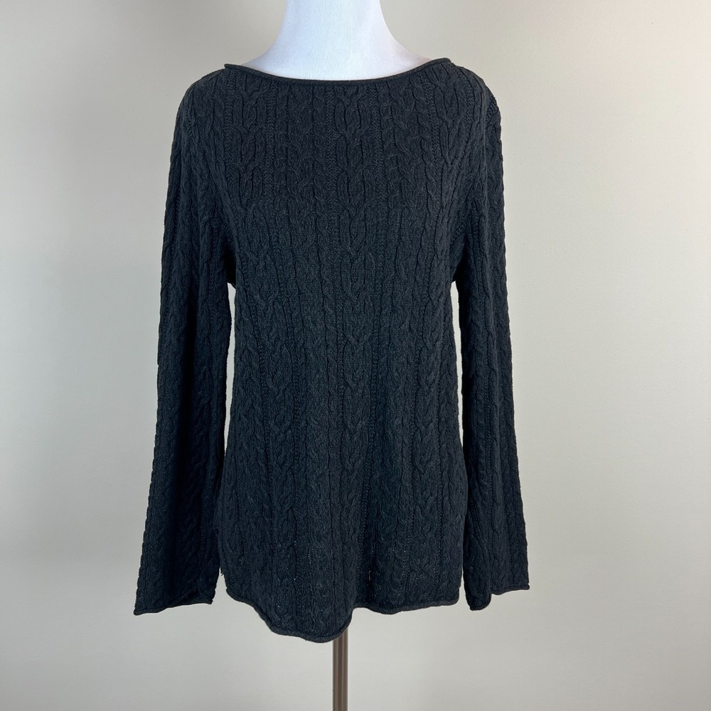 Ralph Lauren LRL Sweater Women Large Charcoal Cotton Cable Knit Roll Trim Preppy